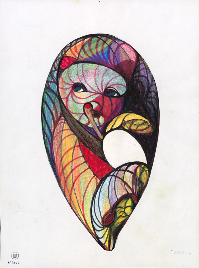 Fernande Le Gris, sans titre, 1967, marker, crayon de couleur et collage sur papier 35,5 x 26,5 cm. Collection de l'Art Brut, Lausanne