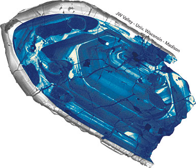Zircon. Vu en cathodolumi-nescence, ce zircon d’une taille de 400 microns (0,4 mm) est le plus ancien connu, puisqu’il compte 4,4 milliards d’années. © John Valley, University of Wisconsin 