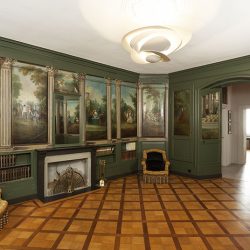 Vue d'ensemble du salon peint de Mézery. Dalberg (attribution), vers 1760, huile sur bois. © Collection privée. Photo Musée historique de Lausanne / Arnaud Conne