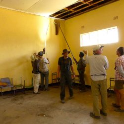 Les chercheurs tentent d’attraper des chauves-souris à l’épuisette. La photo a été prise dans le village de Satau, où une colonie de chiroptères niche sous le toit d’un centre culturel. Photo Luca Fumagalli