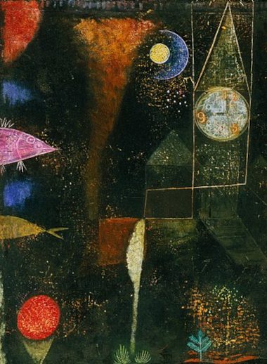 Détail du tableau de Klint : sombre, avec des poissons de multiples couleurs, des formes géométriques, une horloge.