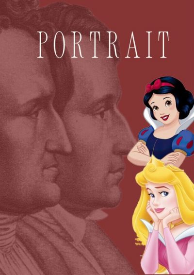 Portrait des frères Grimm accompagné de Blanche-Neige et de La Belle au bois dormant, figures centrales de l’analyse menée dans ce projet.