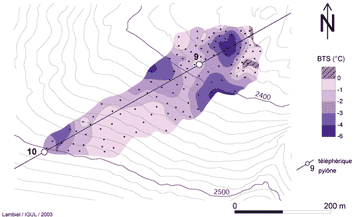 Figure 6 : Distribution des températures du sol dans l'éboulis des Lapires le 11 mars 2003. On remarque la présence de zones froides, interprétées comme du permafrost, qui côtoient des zones beaucoup plus chaudes.