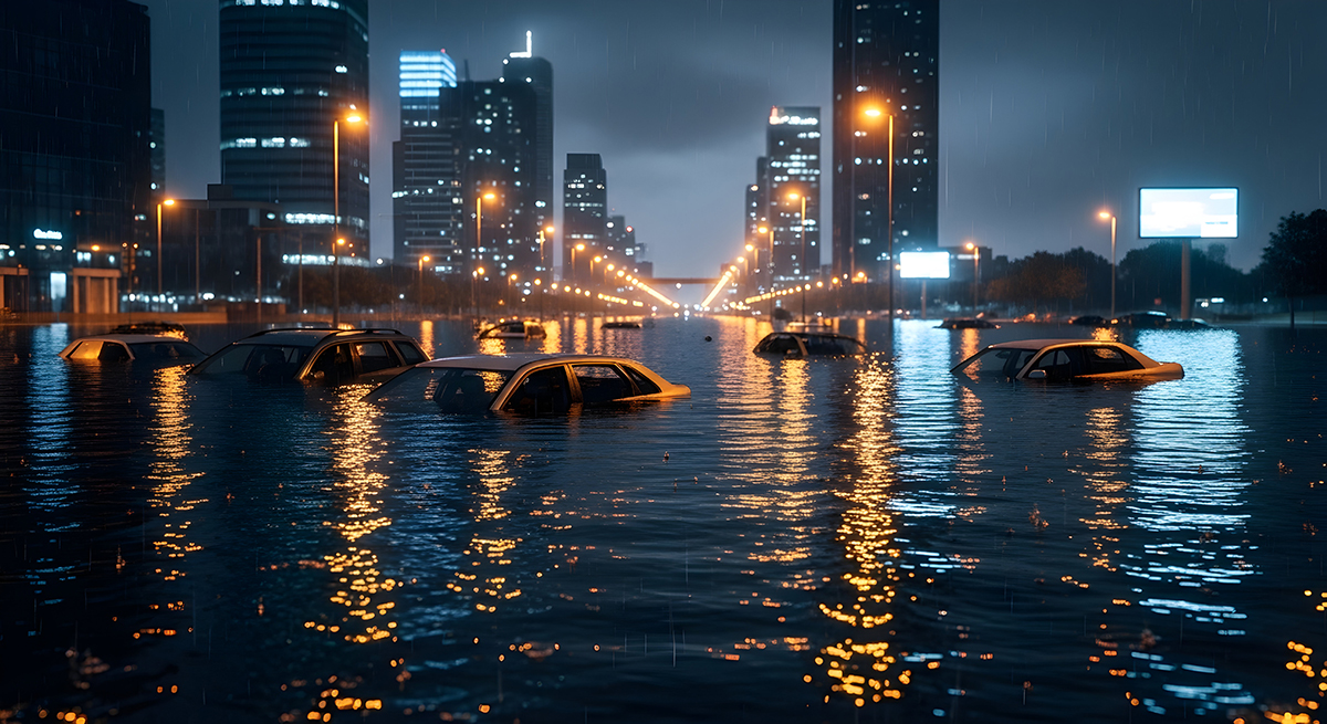 city submerged cars stranded in floodwaters after a torrential d