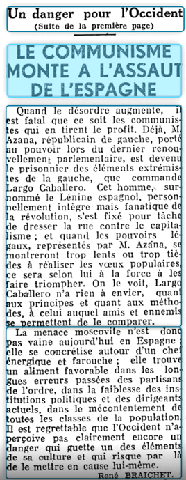 Fig. 5 : Braichet René, « Le communisme monte à l’assaut de l'Espagne », L'Express, 15.04.1936, p. 4.