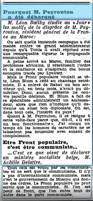 Fig. 6 : s.n, « Pourquoi M. Peyrouton a été déparqué », L'Express, 22.09.1936, p. 4.