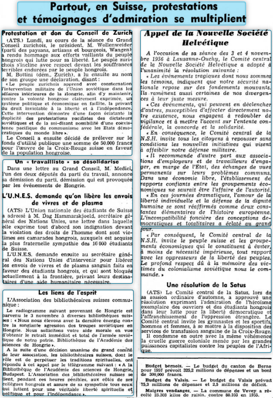 Fig. 7 : s.n., « Partout, en Suisse, protestations et témoignages d'admiration se multiplient », Journal de Genève, 06.11.1956, p. 2.