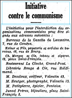 Fig. 10 : annonce publiée dans la Gazette de Lausanne (25.05.1937, p. 2), invitant à signer l'initiative contre le communisme dans les locaux du journal. 