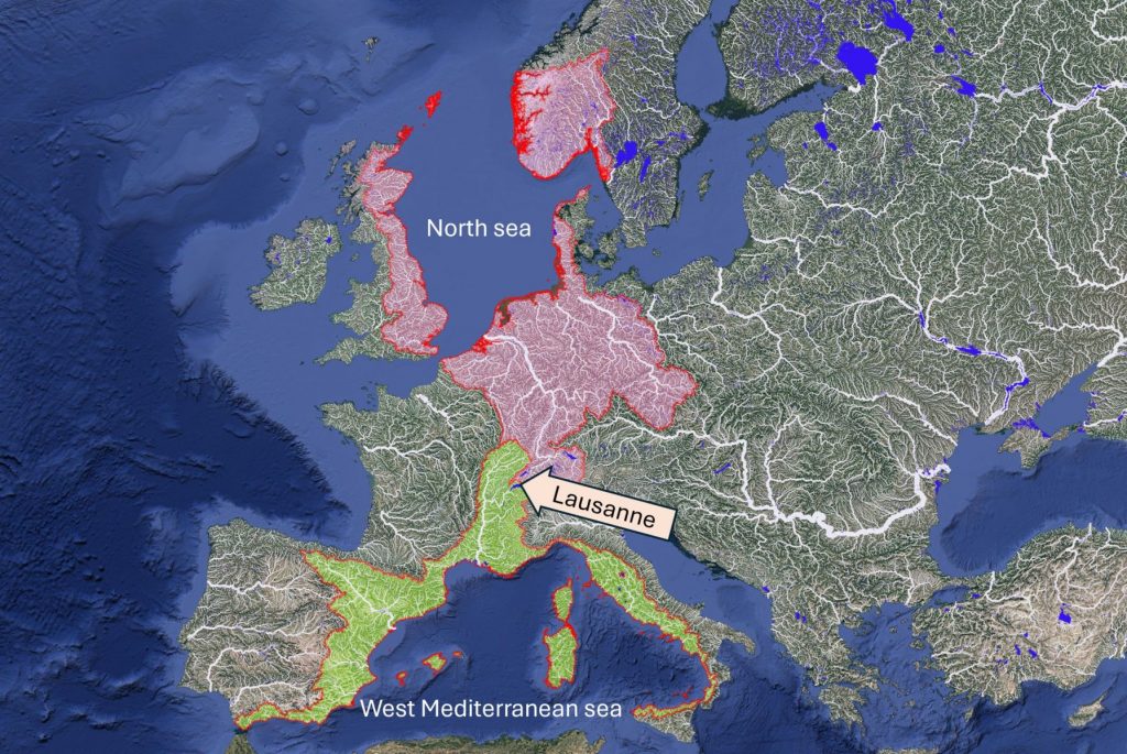 Drainage basins of the North sea (red) and West Mediterranean sea (green)