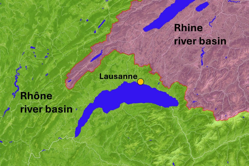 Proximity of Lausanne to the water divide between the Rhône and Rhine river basins