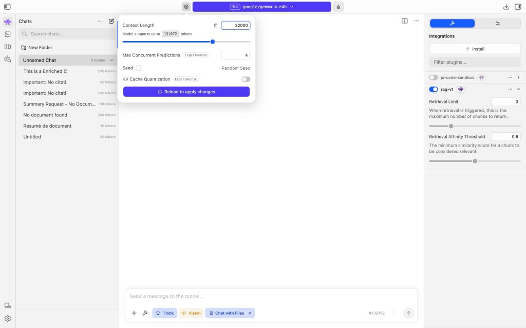 <em>📸 [Screenshot: the loaded model's settings opened via the cog, with the context length]</em>
