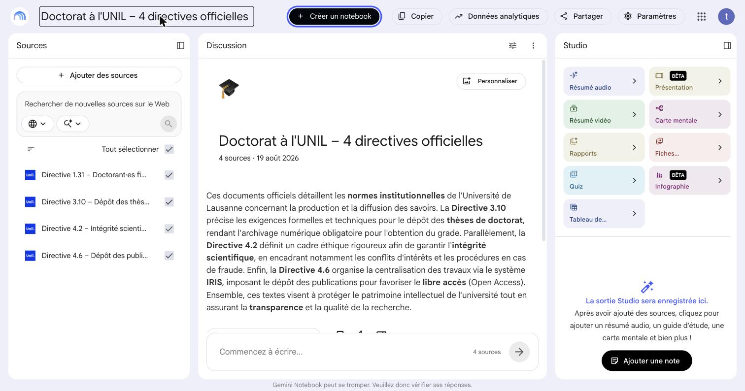 Écran à trois panneaux : à gauche les quatre directives importées et cochées, au centre le résumé rédigé automatiquement, à droite les neuf vignettes du Studio