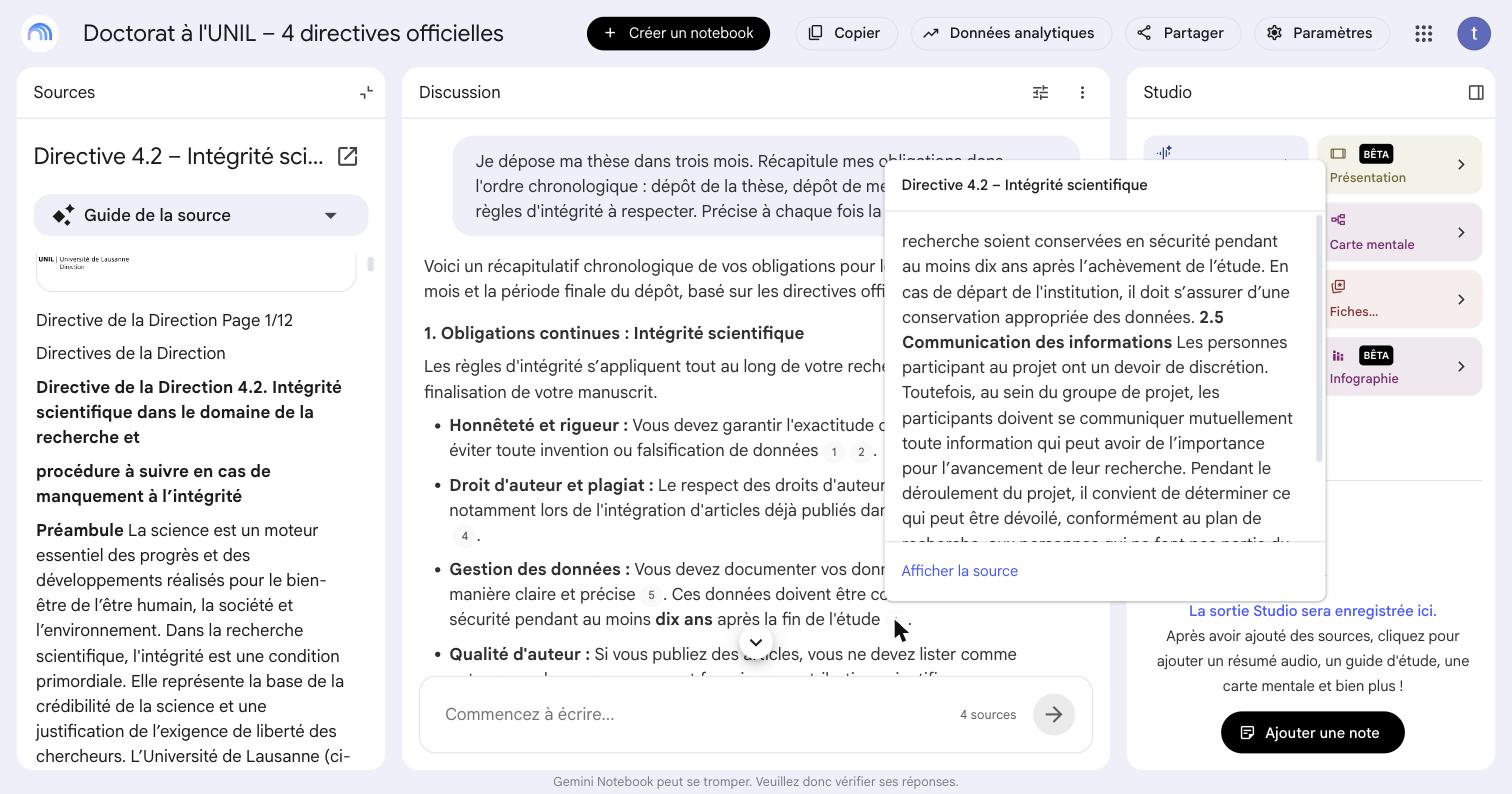 Réponse du chat parsemée de pastilles numérotées ; l’une vient d’être cliquée et ouvre une fenêtre titrée « Directive 4.2 – Intégrité scientifique », contenant le passage cité et un lien « Afficher la source » ; à gauche, le texte intégral de la directive s’est ouvert