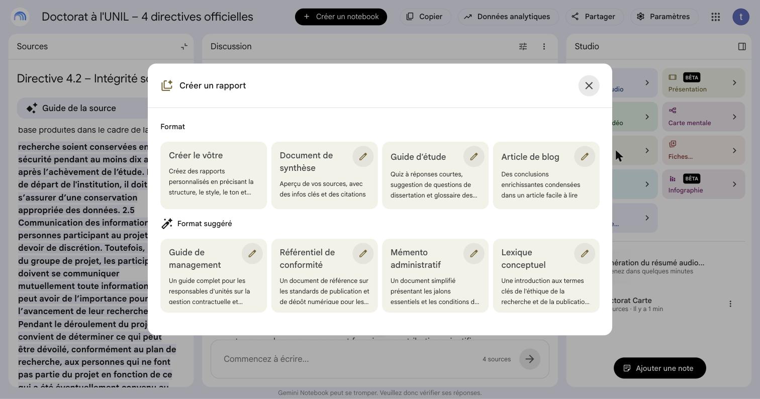 Fenêtre « Créer un rapport » : sous « Format », les cartes Créer le vôtre, Document de synthèse, Guide d’étude et Article de blog ; sous « Format suggéré », les cartes Guide de management, Référentiel de conformité, Mémento administratif et Lexique conceptuel, chacune portant une icône crayon