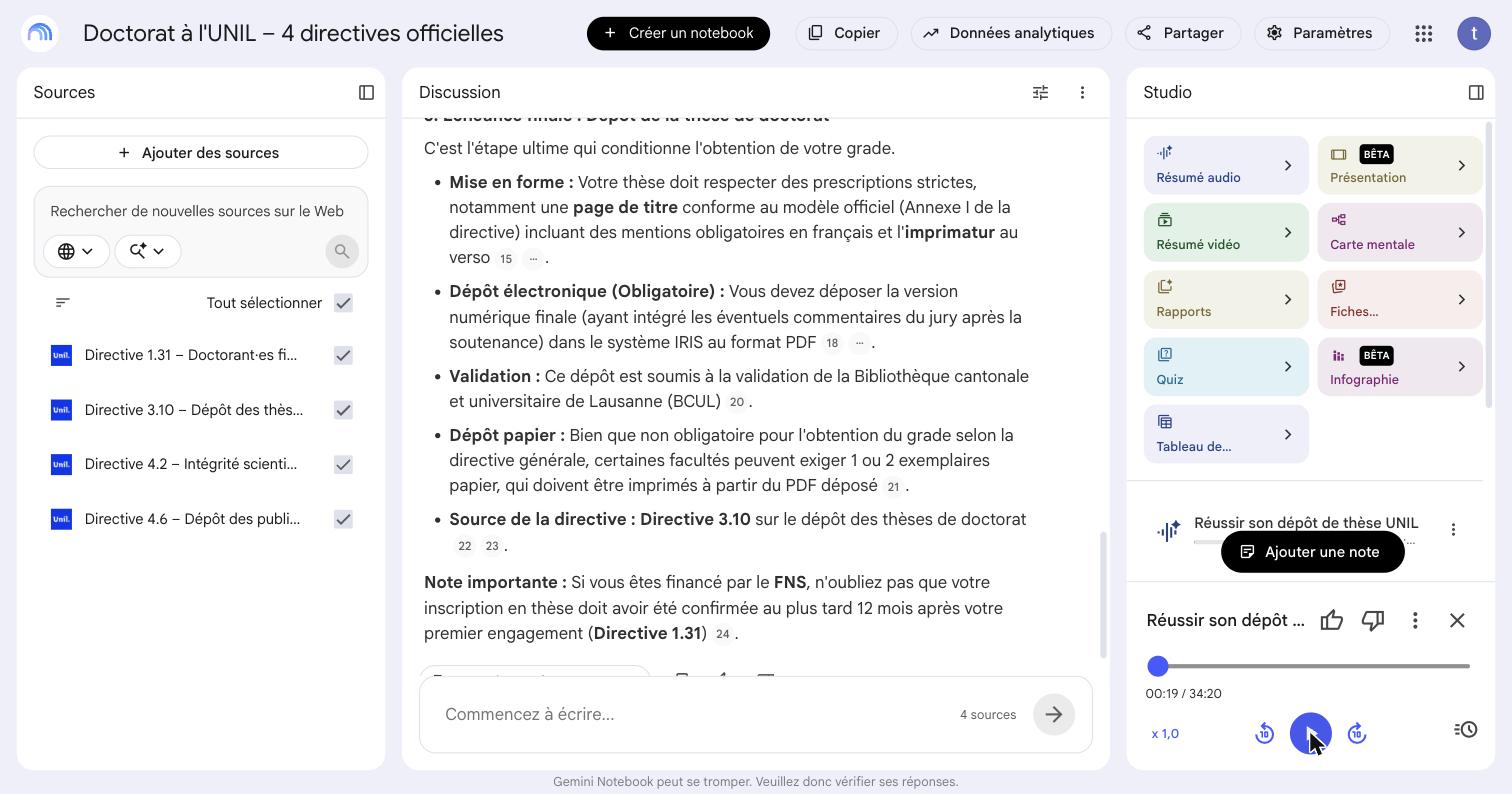 Le lecteur du résumé audio : titre « Réussir son dépôt de thèse UNIL », durée 34 minutes 20, réglage de vitesse et boutons de recul et d’avance de dix secondes