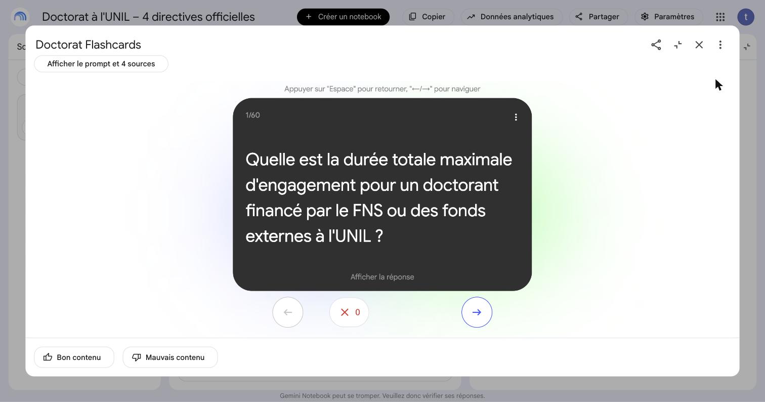 Une fiche d’apprentissage en plein écran : « Quelle est la durée totale maximale d’engagement pour un doctorant financé par le FNS ou des fonds externes à l’UNIL ? », compteur 1 sur 60, bouton Afficher la réponse