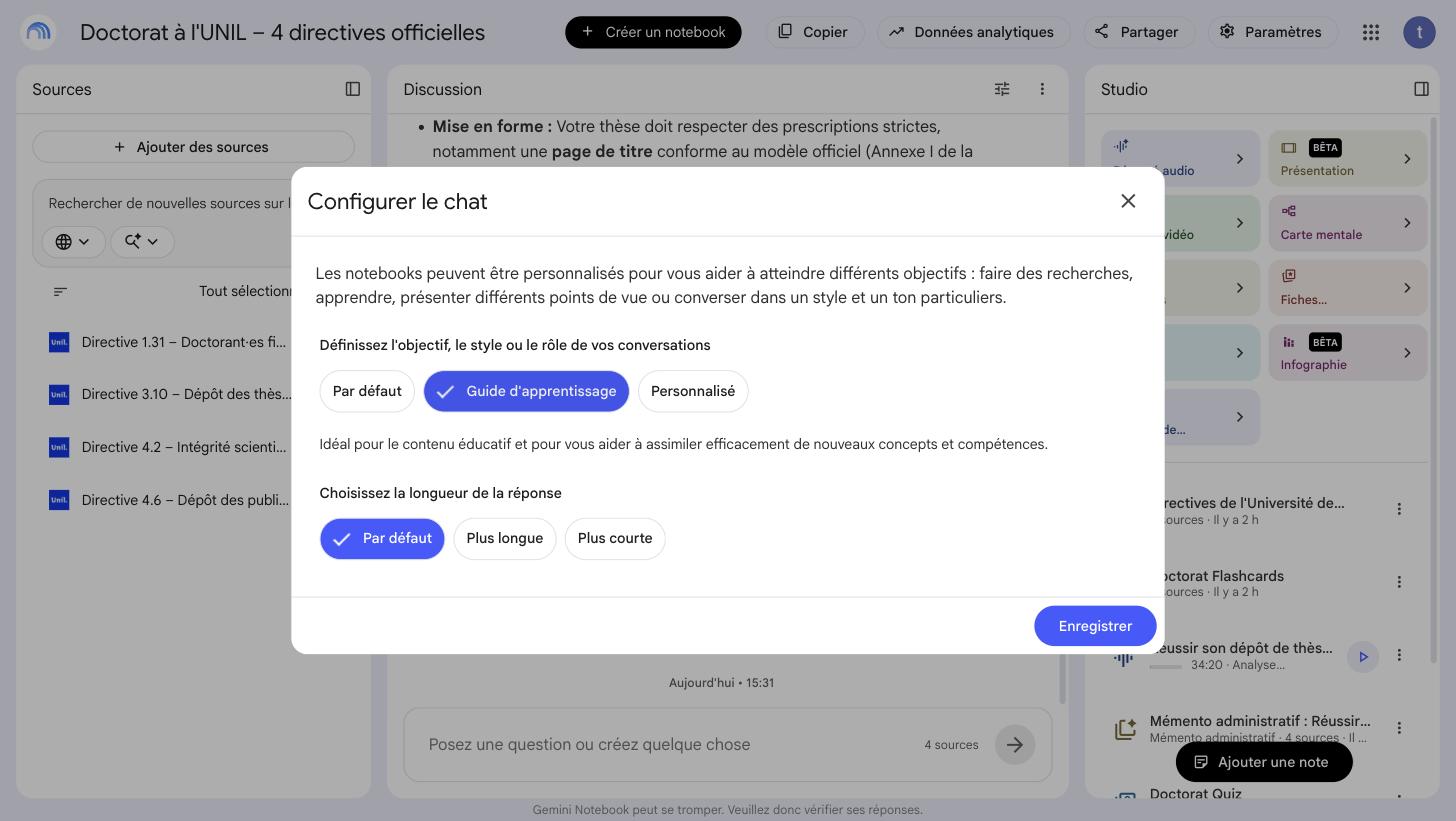 Fenêtre « Configurer le chat » : sous « Définissez l’objectif, le style ou le rôle de vos conversations », le bouton Guide d’apprentissage est sélectionné, avec sa description ; en dessous, la longueur de réponse Par défaut, Plus longue ou Plus courte