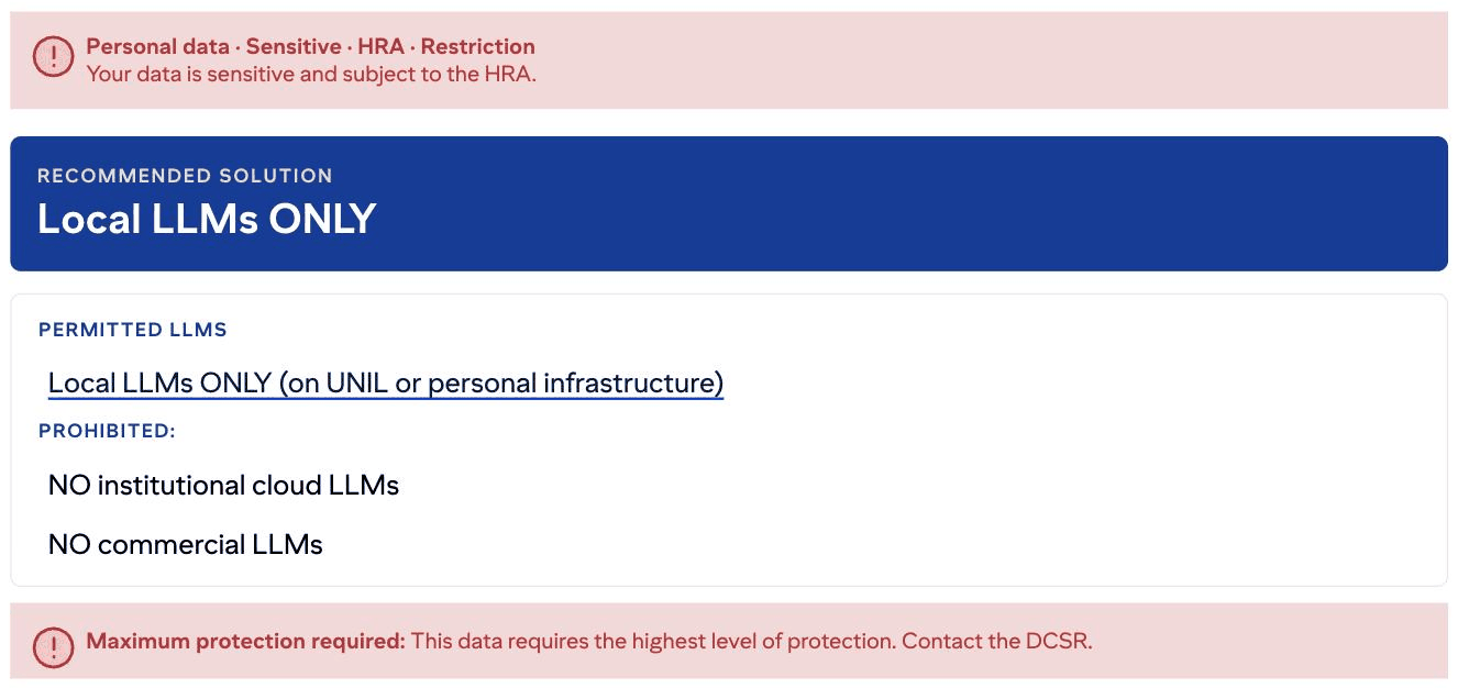 AI_GO result “Local LLMs ONLY” showing the prohibitions and the alert “Maximum protection required, contact the DCSR”