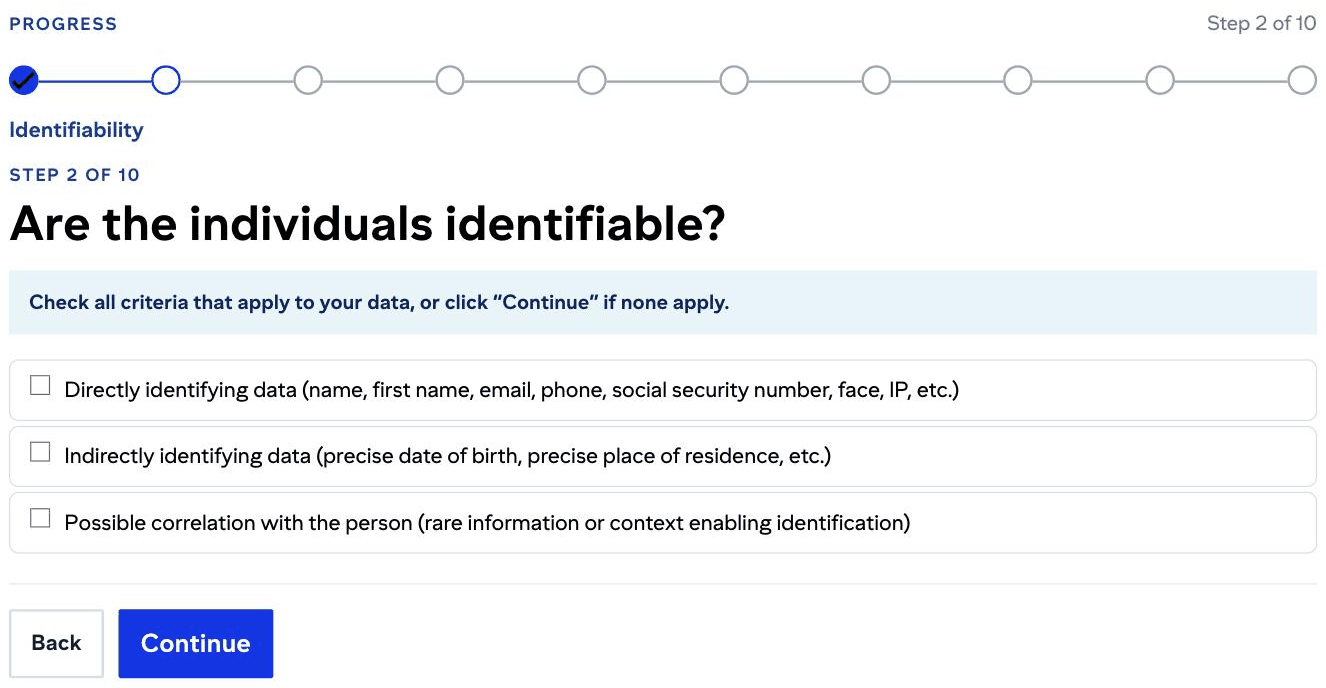 Step 2 of the AI_GO questionnaire, “Are the individuals identifiable?”, with its three checkboxes and the Back and Continue buttons