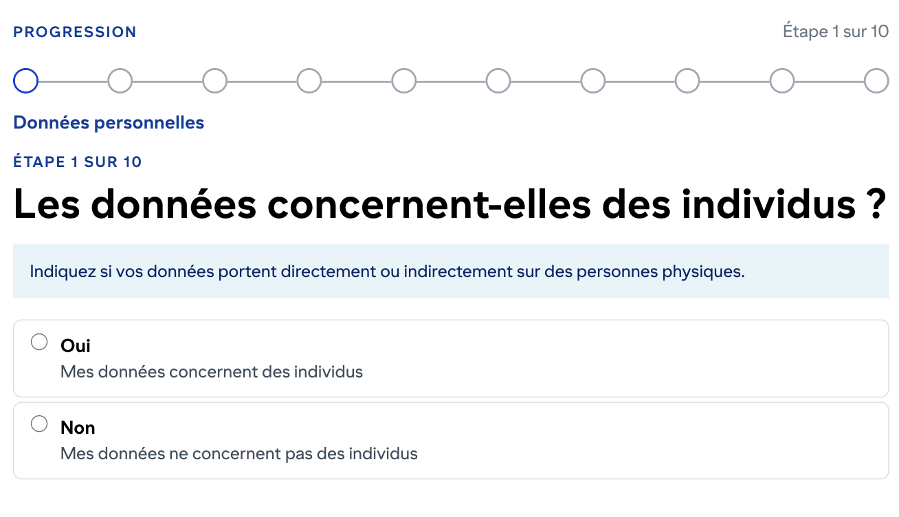 Étape 1 du questionnaire AI_GO : « Les données concernent-elles des individus ? » avec la barre de progression à dix jalons et les deux réponses Oui et Non