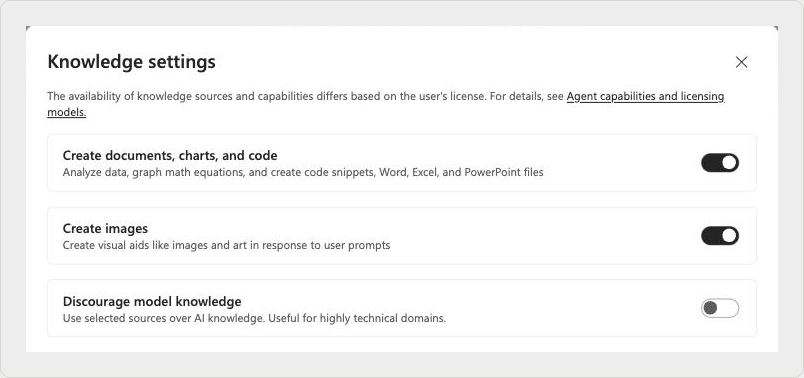 Fenêtre Knowledge settings de Copilot : Create documents charts and code et Create images actifs par défaut, Discourage model knowledge désactivé