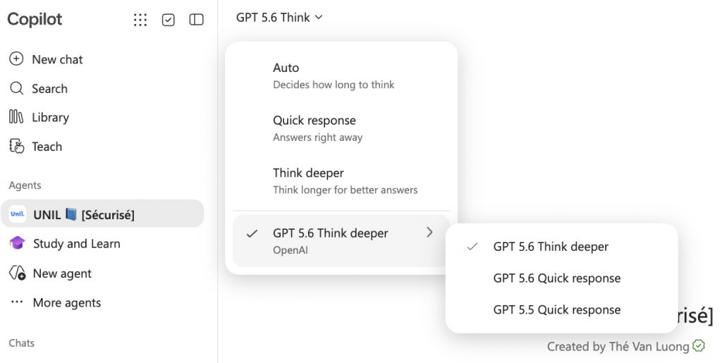 Model selection menu in Microsoft Copilot, open on Auto, Quick response, Think deeper, then an entry subtitled OpenAI carrying the name of the selected model