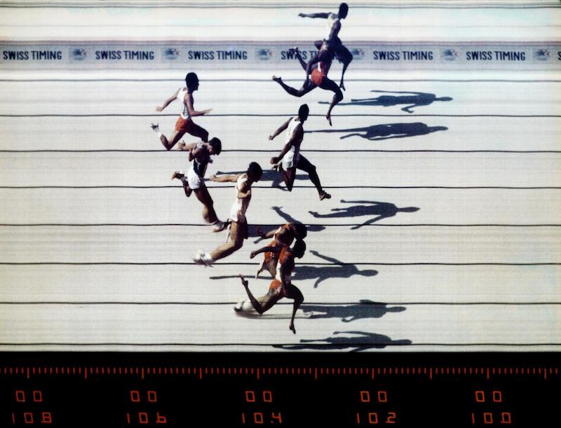 JO Los Angeles 1984, AthlÈtisme, 100m Hommes - Demi-finale, photo-finish.