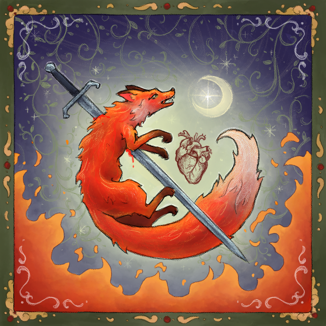 A drawing of a fox in the center, who's pierced by a sword. There are flames at the bottom of the image, as well as the moon shining in the background, and the fox is next to an anatomical heart.