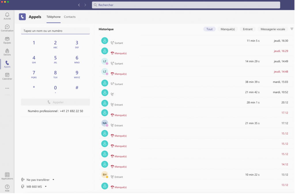L'onglet Appels de l'application Teams, qui permet, une fois activé, l'utilisation de la fonction de VOIP. Passer et recevoir ses appels, mais également dévier ses appels vers quelqu'un d'autre ou une boîte vocale. En bref vous lancez Teams sur votre ordinateur et vous avez votre téléphone UNIL virtuel !