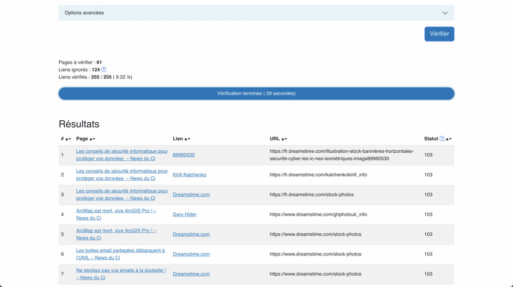 Résultats du linkchecker de l'unil