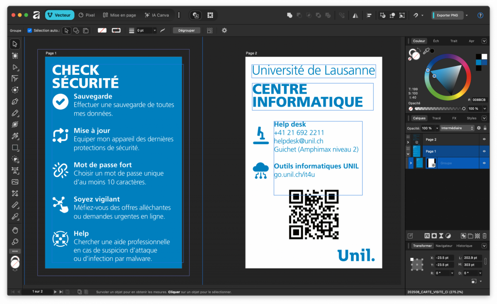 Affinity 3 et son interface modernisée et épurée ici à l’œuvre pour fabriquer la carte de visite du Ci distribuées aux nouveaux étudiants et étudiantes de l’UNIL : exit les 3 applications Designer, Photo et Publisher, bienvenue aux boutons Vecteur, Pixel, Mise en page et IA Canva pour qui aura payé l’abonnement.