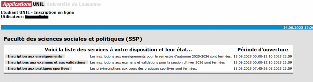 Figure 1 - L'ancienne page d'accueil des inscriptions aux enseignements et évaluations