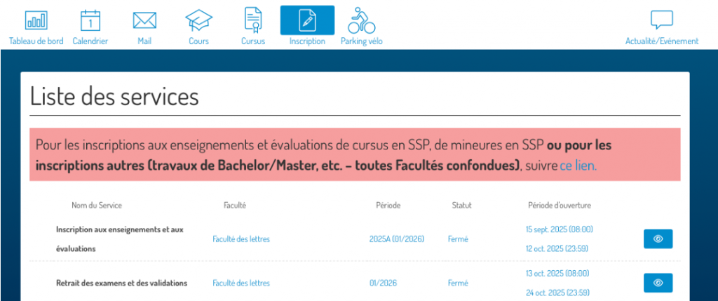 Figure 2 - La nouvelle interface, dans MyUNIL, juste avant l’ouverture des inscriptions en septembre 2025