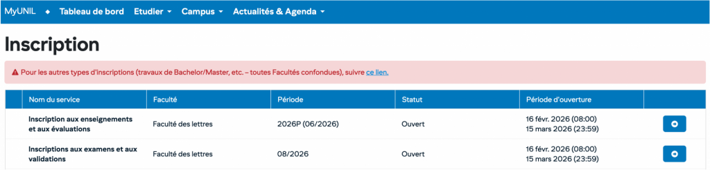 Figure 3 - Le nouveau design des inscriptions dans MyUNIL, prêt pour la rentrée de printemps 2026.