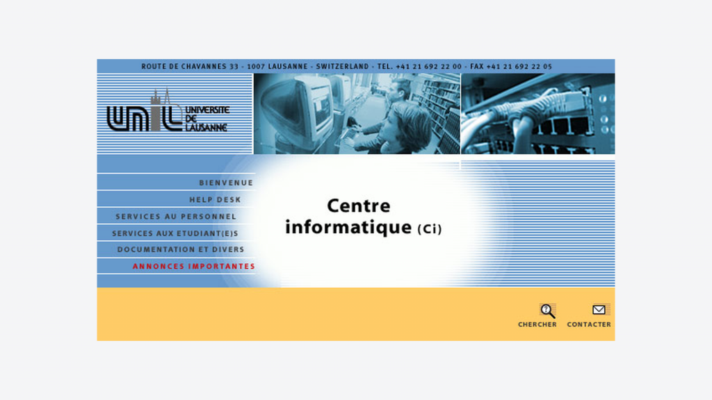 2002, la première version d'une ligne graphique institutionnelle ne concerne que le site principal unil.ch et ceux des services centraux. Les facultés ont encore chacune leur identité graphique propre