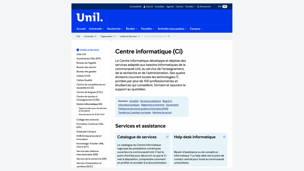 2026, nous rejoignons enfin les autres unités dans unil.ch. A notre tour de bénéficier également du nouveau design avec son "Unilblue-maxxing" et son écoconception. Nous profitons ainsi des apports d'une refonte web pour laquelle nos équipes ont largement œuvré depuis 5 ans aux côtés de celles d'Unicom.
