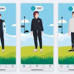 Three smartphone screens from the study app: a combined human-robot exercising peer, a human-looking AI peer, and the step-count progression view.