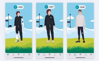 Three smartphone screens from the study app: a combined human-robot exercising peer, a human-looking AI peer, and the step-count progression view.