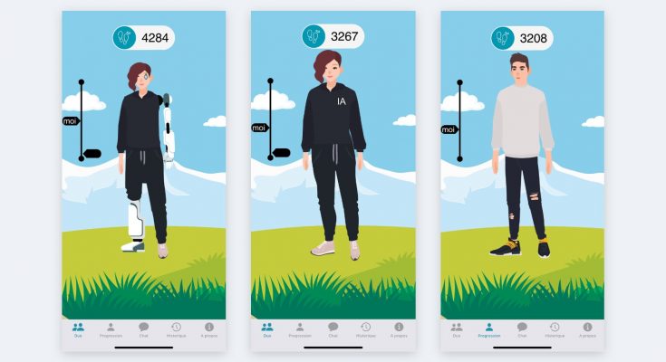 Three smartphone screens from the study app: a combined human-robot exercising peer, a human-looking AI peer, and the step-count progression view.