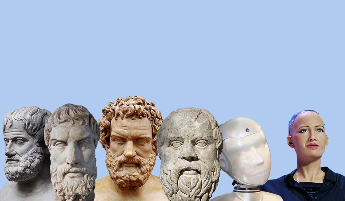 L'intelligence artificielle devrait être considérée elle aussi comme une entité morale, selon Benjamin Mueller, professeur HEC. Bustes de gauche à droite: Aristote, Épicure, Hippocrate, Socrate, un robot russe et le robot humanoïde Sophia.