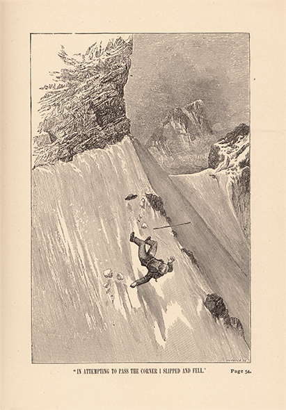 Gravure sur bois : Chute sur le col du Lion, par l’alpiniste et illustrateur britannique Edward Whymper, tiré de la série Scrambles Amongst the Alps (1877). © Médiathèque Valais – Sion