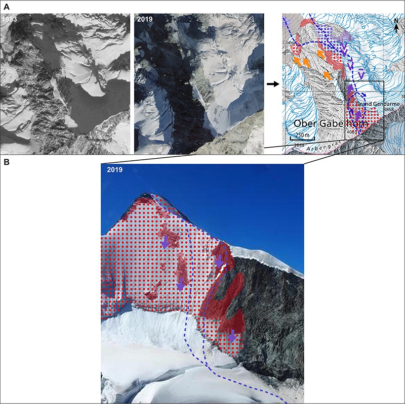 Jacques Mourey, alpinisme et réchauffement climatique. 
Schéma de l'évolution de la face nord de l'Ober Gabelhorn. 